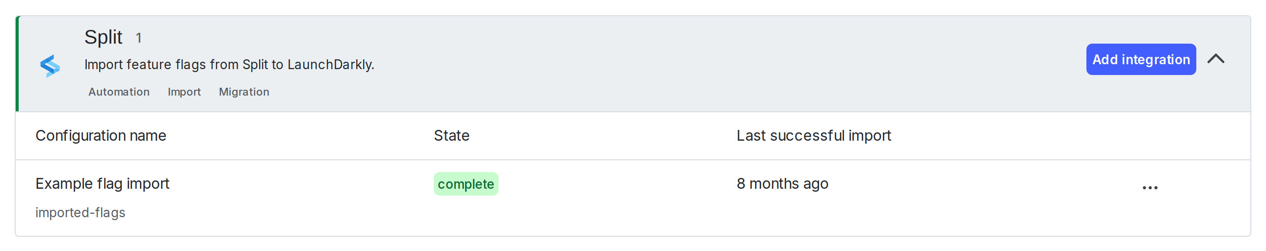 The list of flag import configurations for the Split integration.