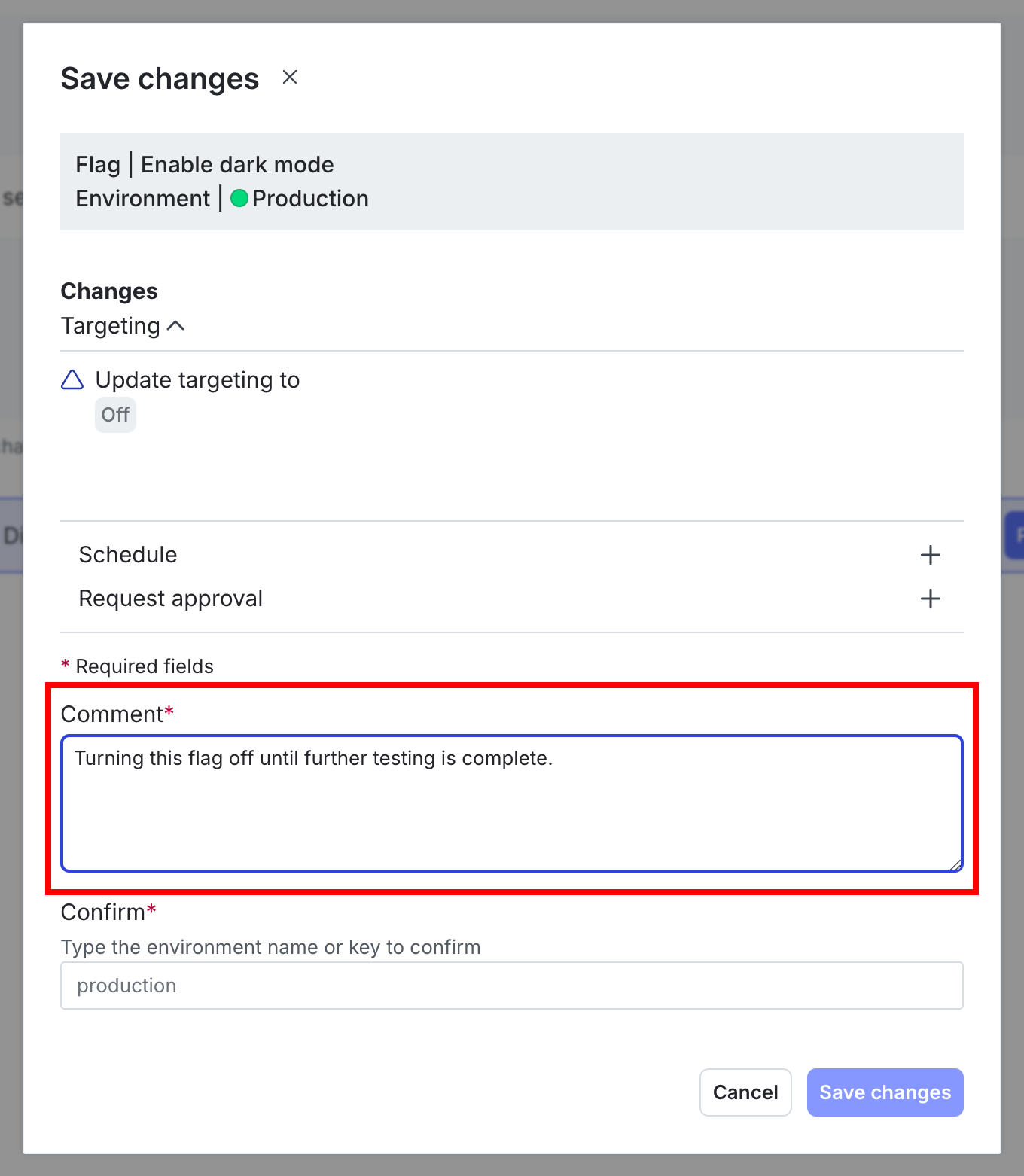 The "Save changes" dialog with the "Comment" field called out.