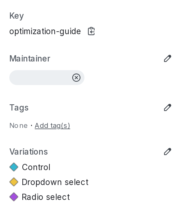 The "Variations" section of a flag's right sidebar for use in a funnel optimization experiment.