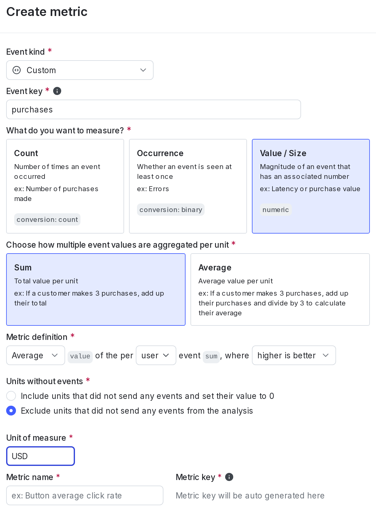 The metric creation dialog.