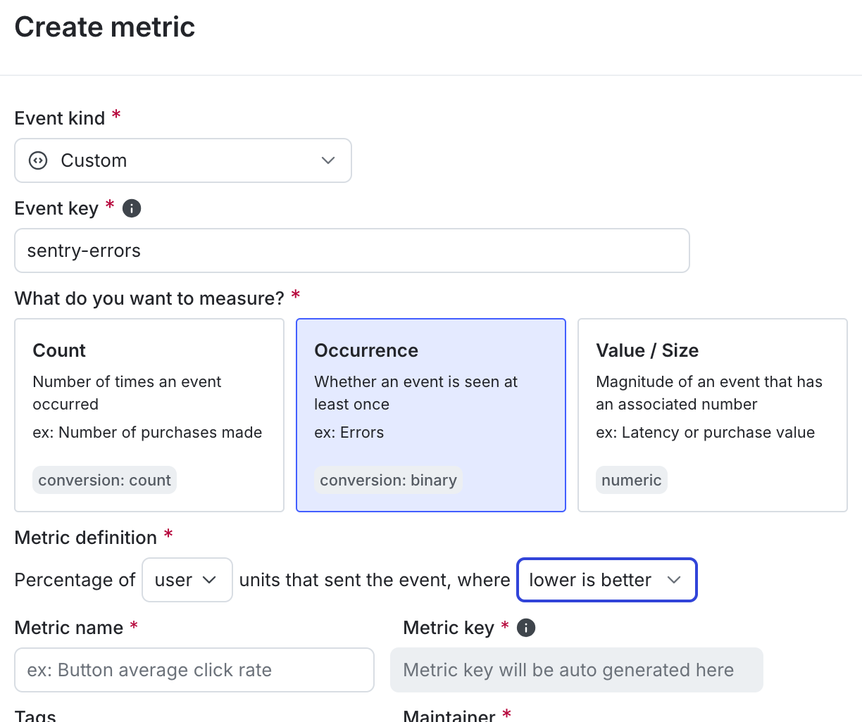 The metric creation dialog.
