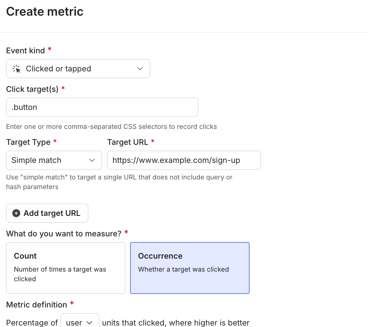 A clicked or tapped metric with a "user" randomization unit.