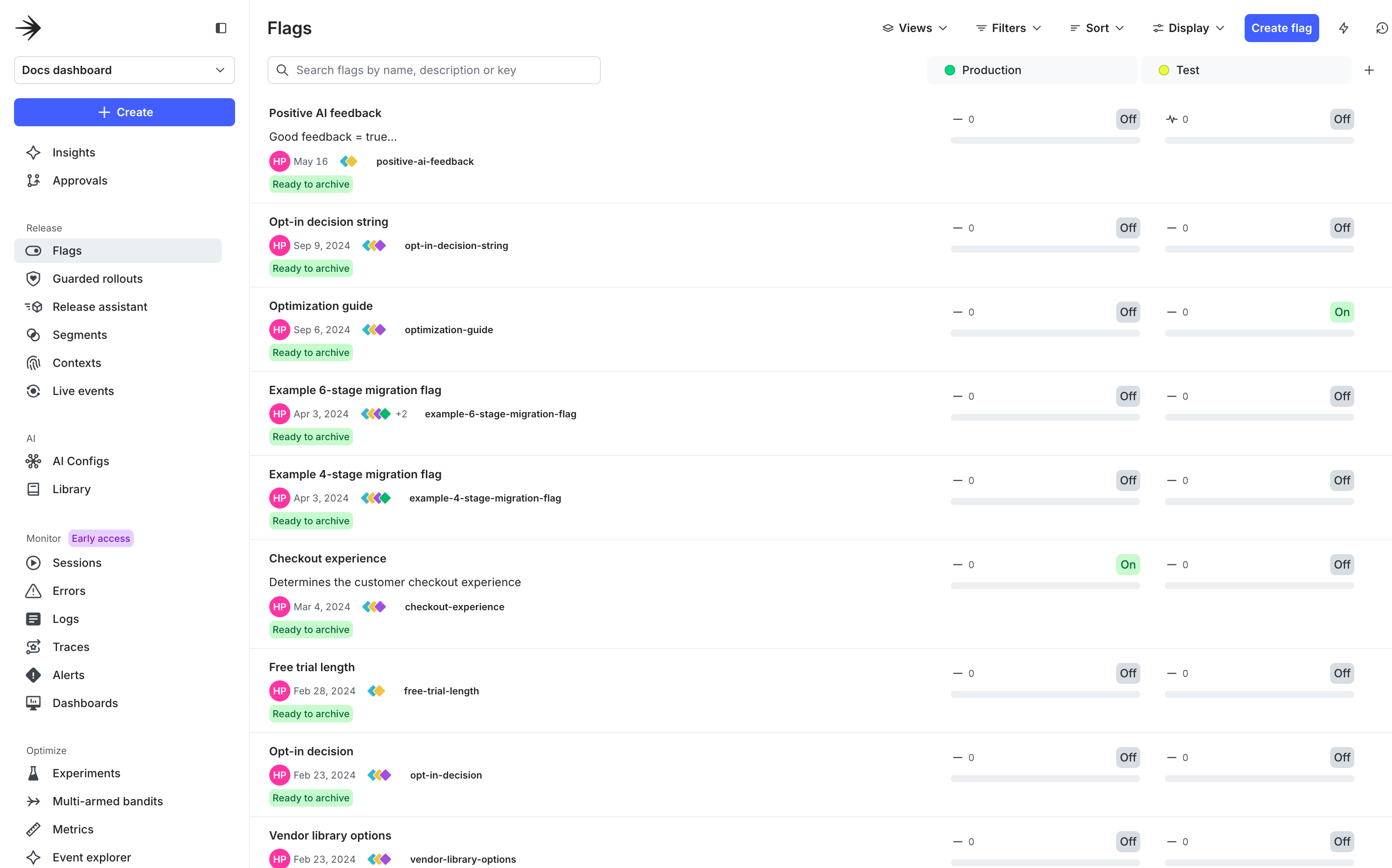The Flags list in LaunchDarkly.