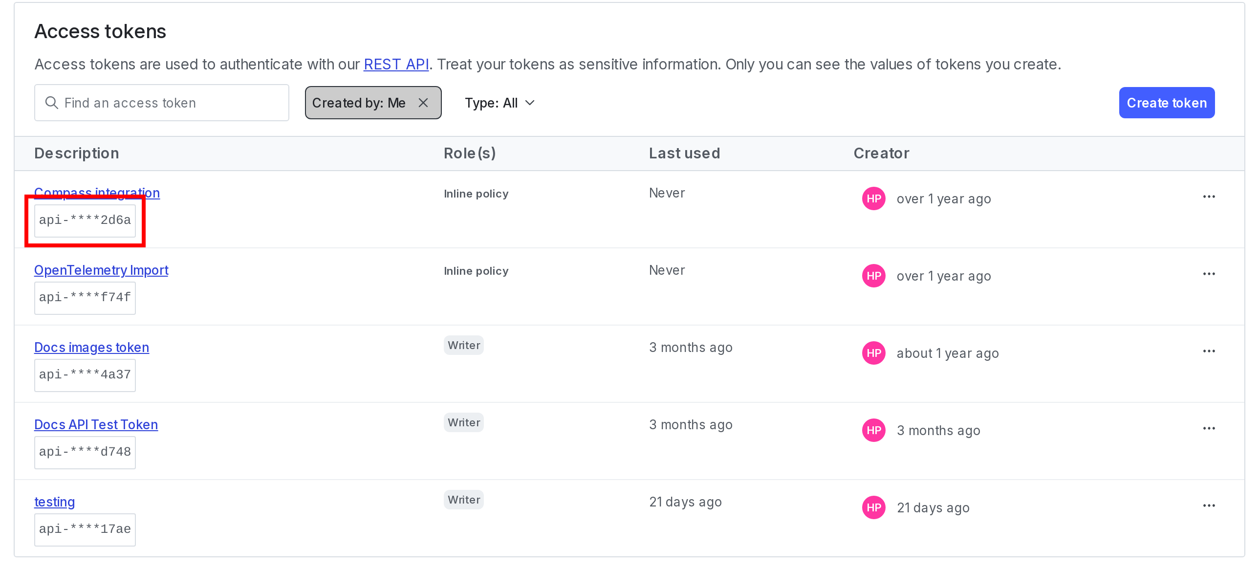 The Access tokens list with an obscured access token called out.
