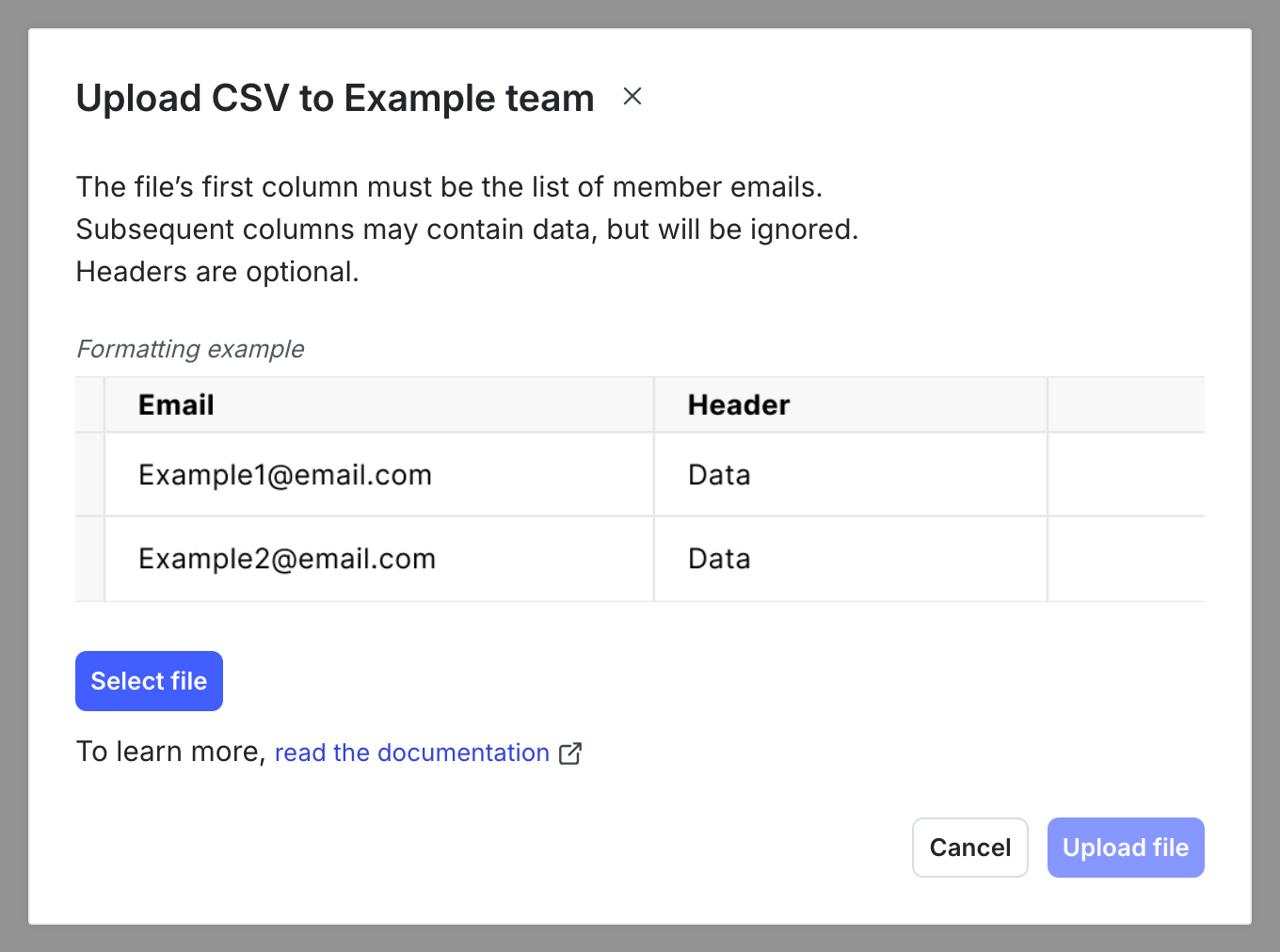 The "Upload CSV" dialog.