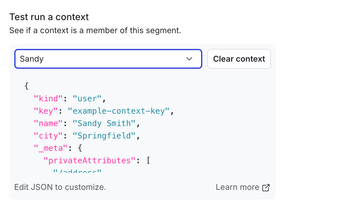 The "Test run a context" section, populated with an example context kind and key.