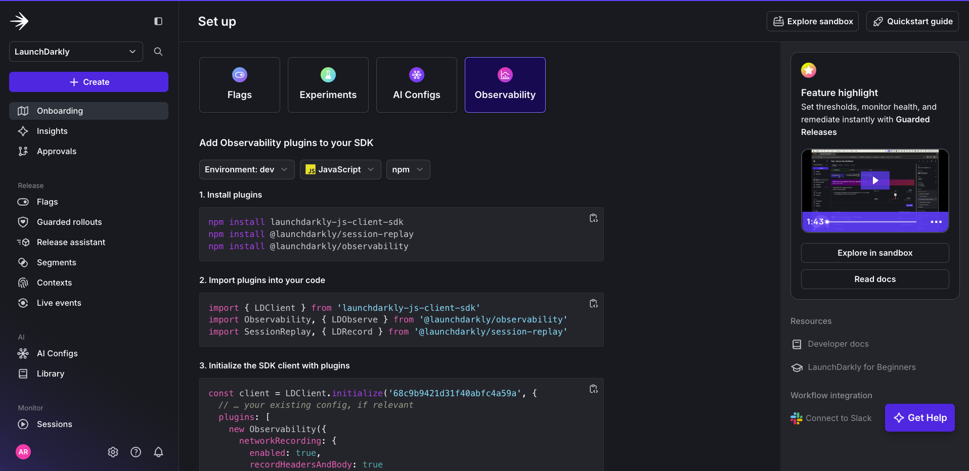 Screenshot of LD onboarding page