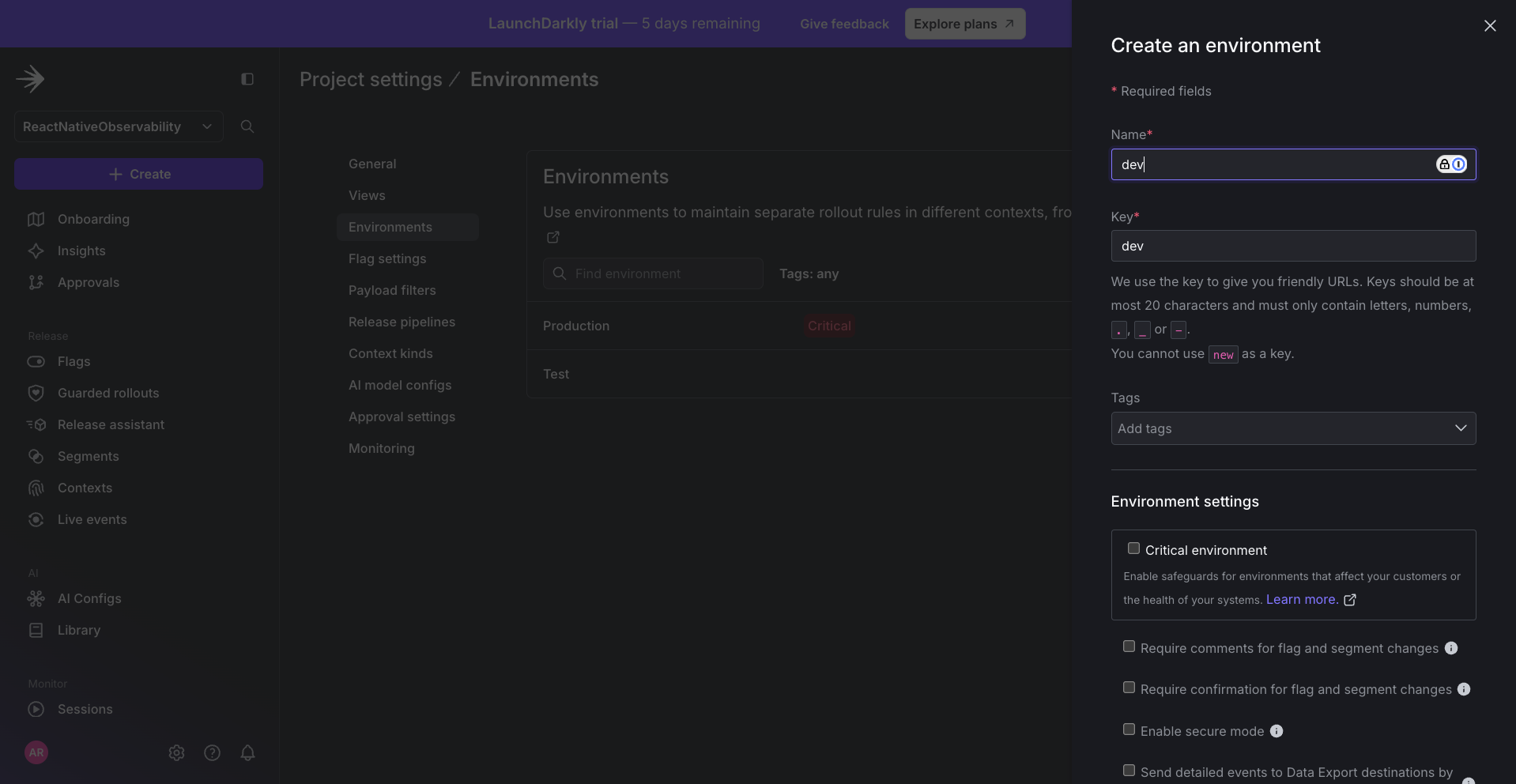 Screenshot of create new environment widget page