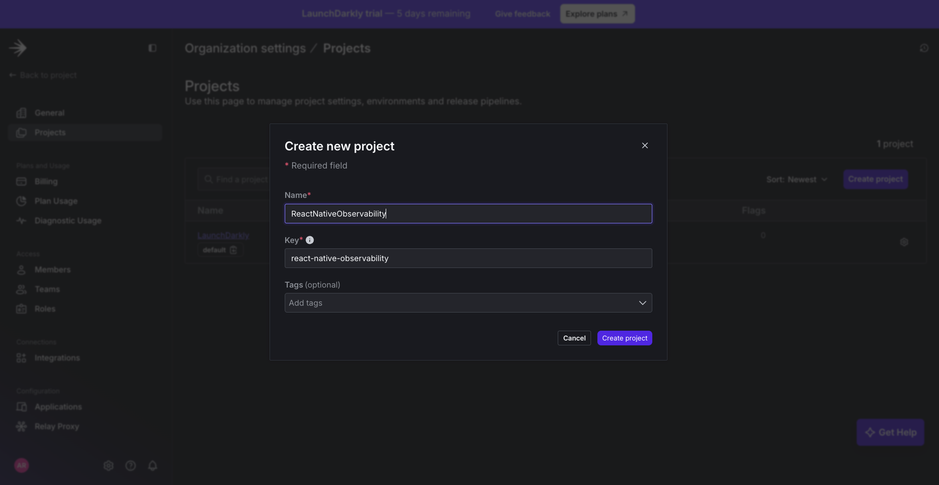 Screenshot of New project page