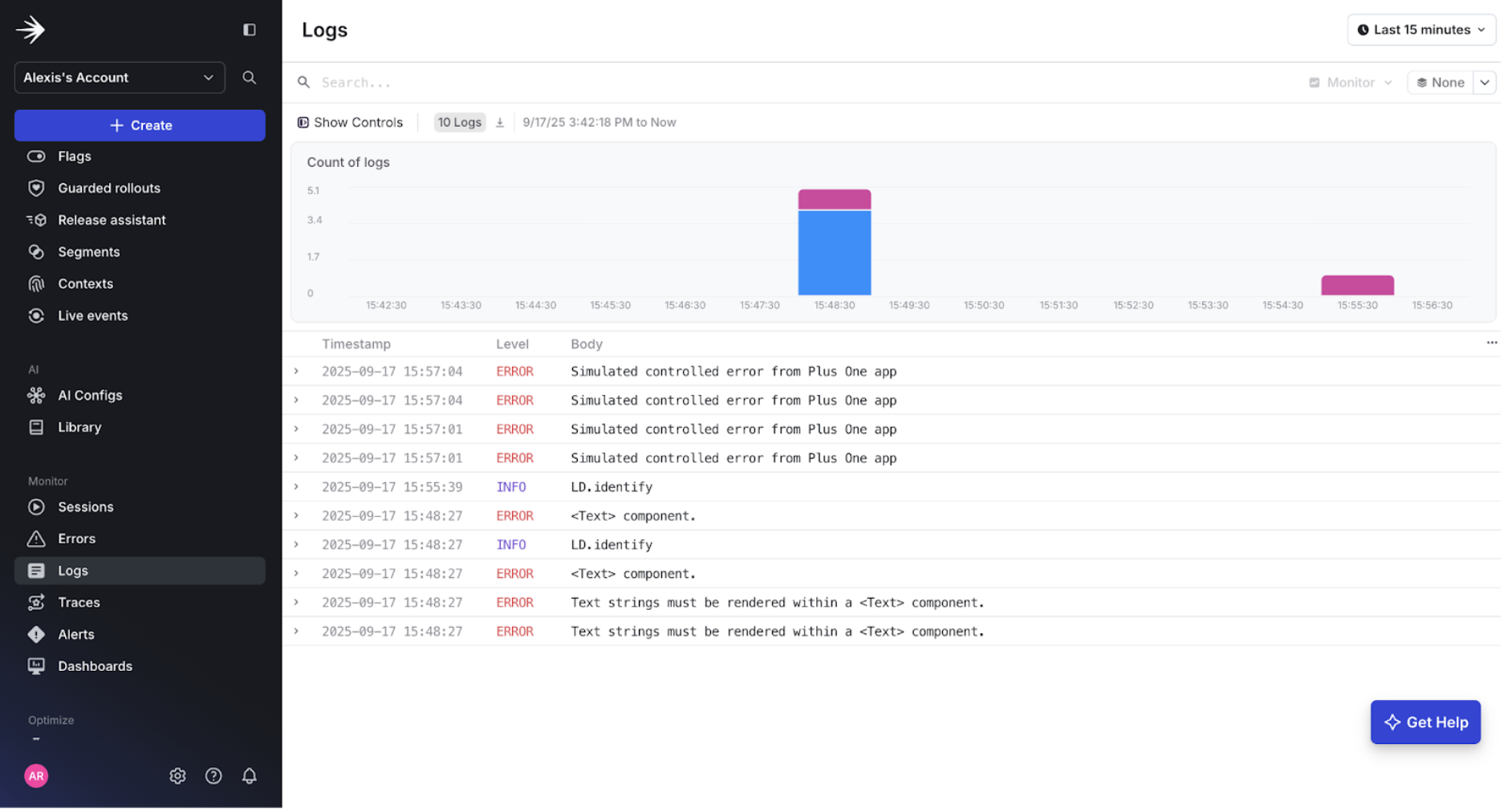Screenshot of logs page