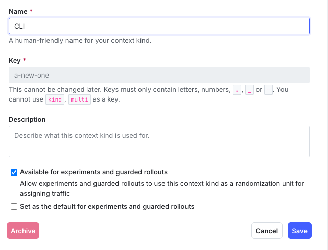 The "New context kind" dialog with the "Available for experiments and guarded rollouts" option checked.