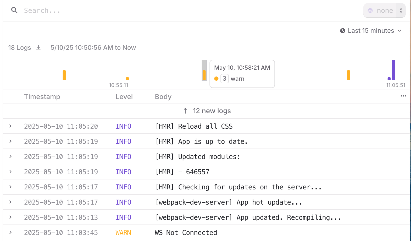 A view of the Logs page, with a specific log highlighted.