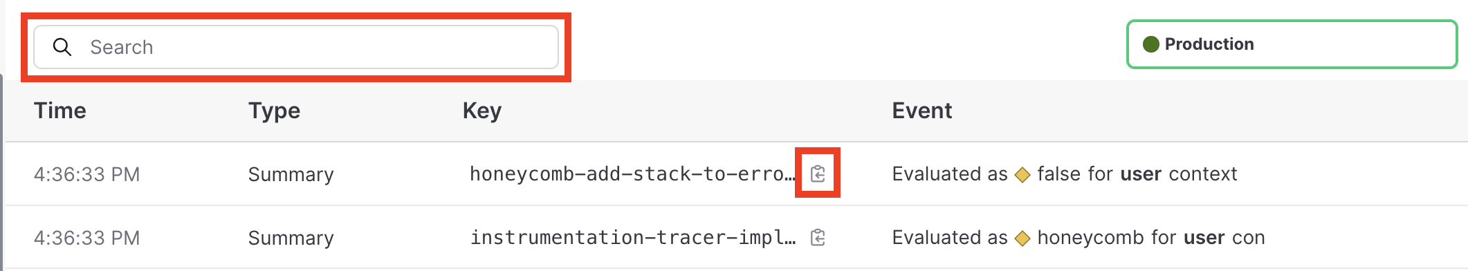 The list of context events, with the "Copy to clipboard" button and the search field called out.
