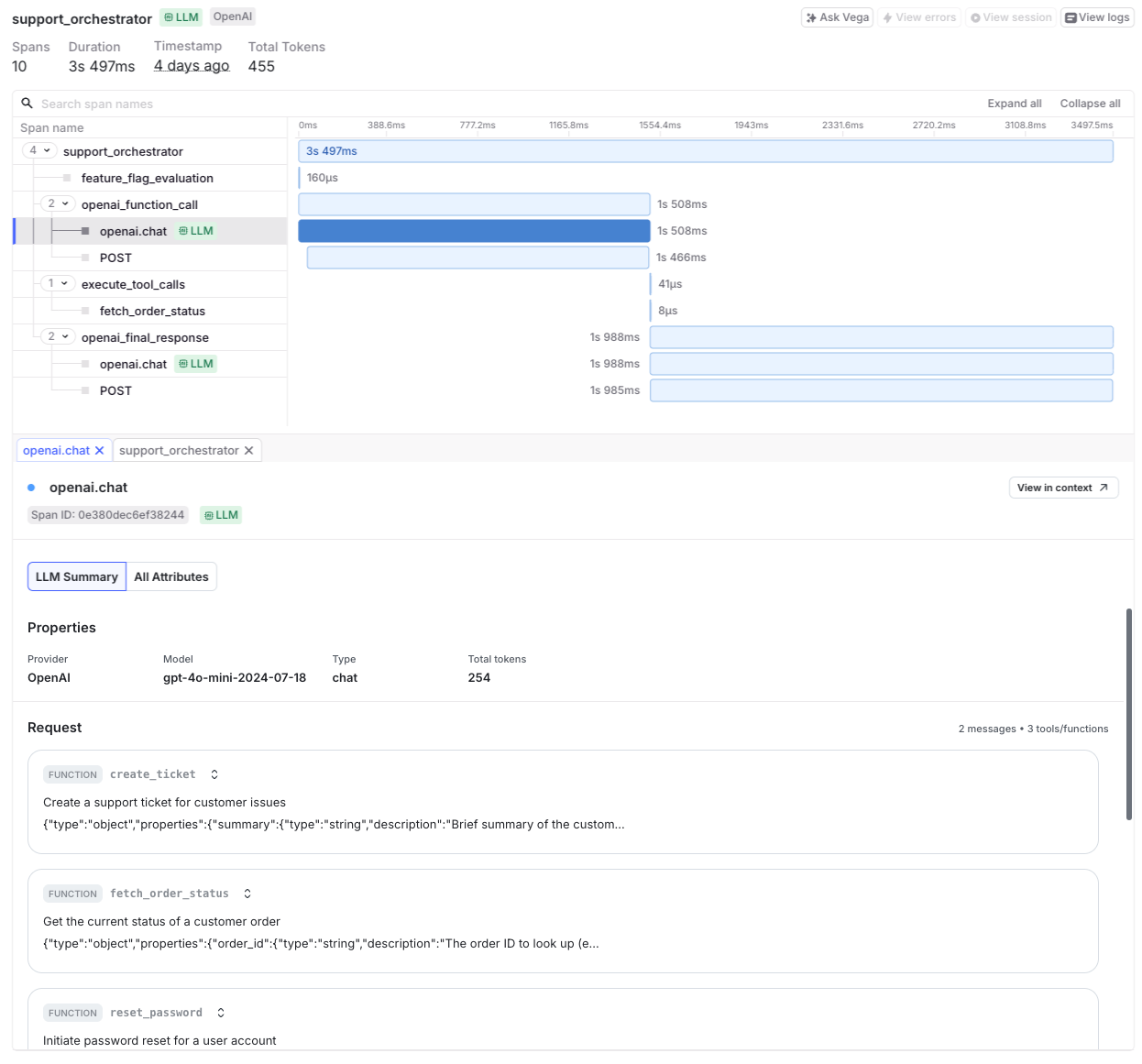 The traces page showing data for an LLM span.