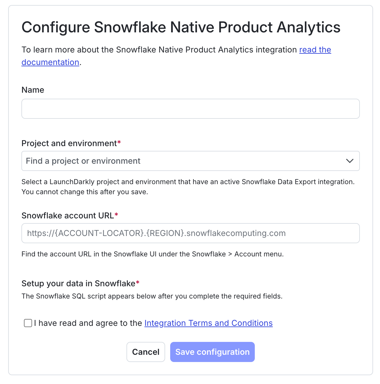 The Configure Snowflake Product Analytics menu.