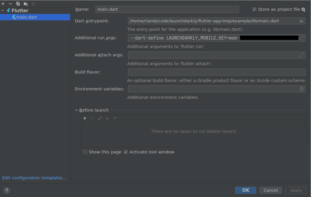 Setting the "LAUNCHDARKLY_MOBILE_KEY" credential in your IDE.