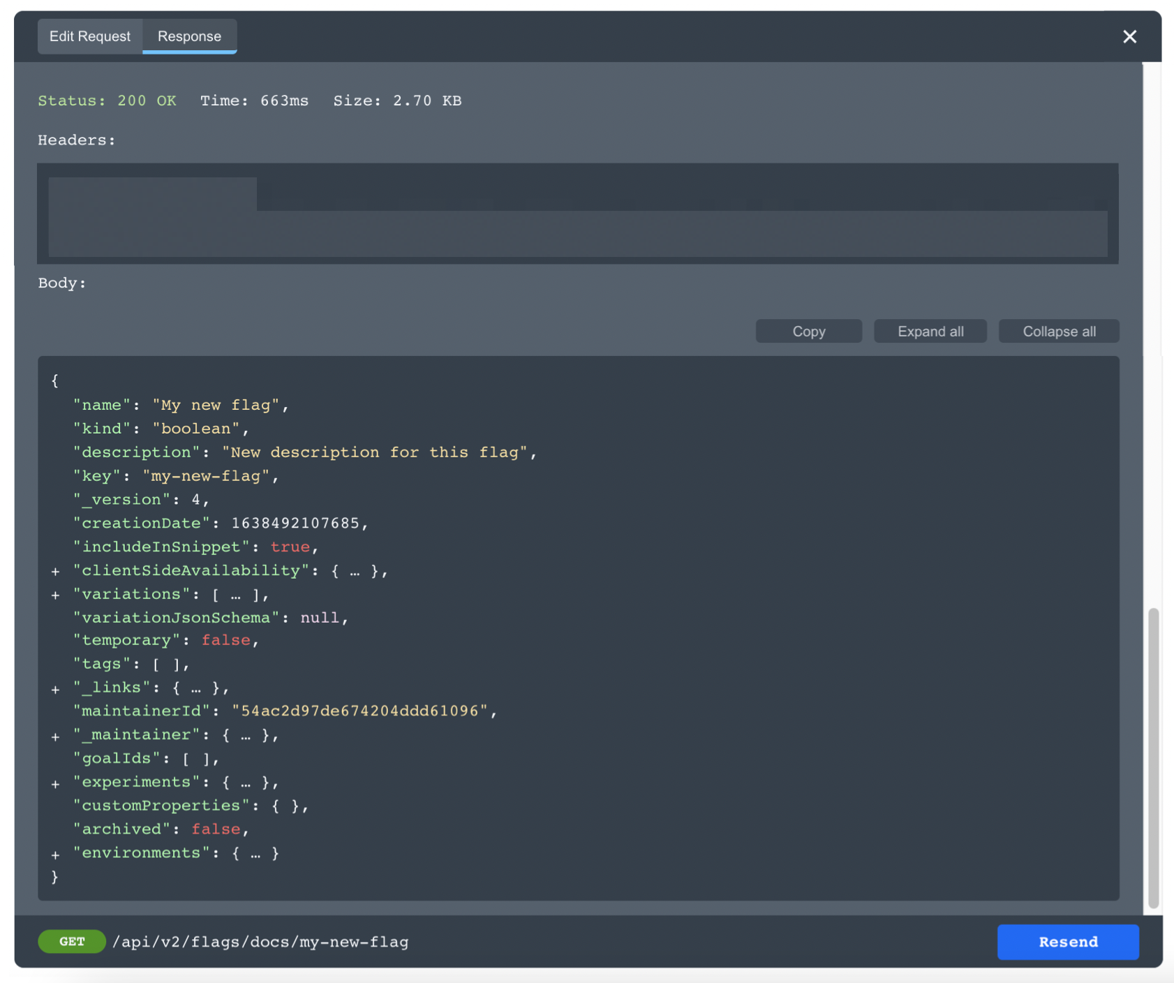 The 200 success code and JSON object response for a GET request placed from the LaunchDarkly API documentation.