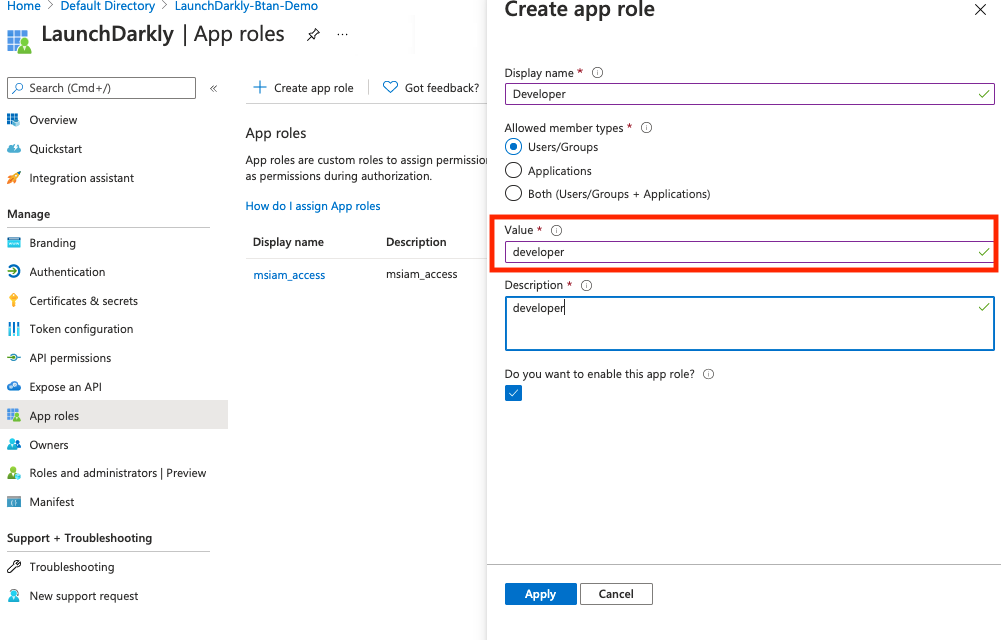 A new role in Entra ID with the "Value" field called out.