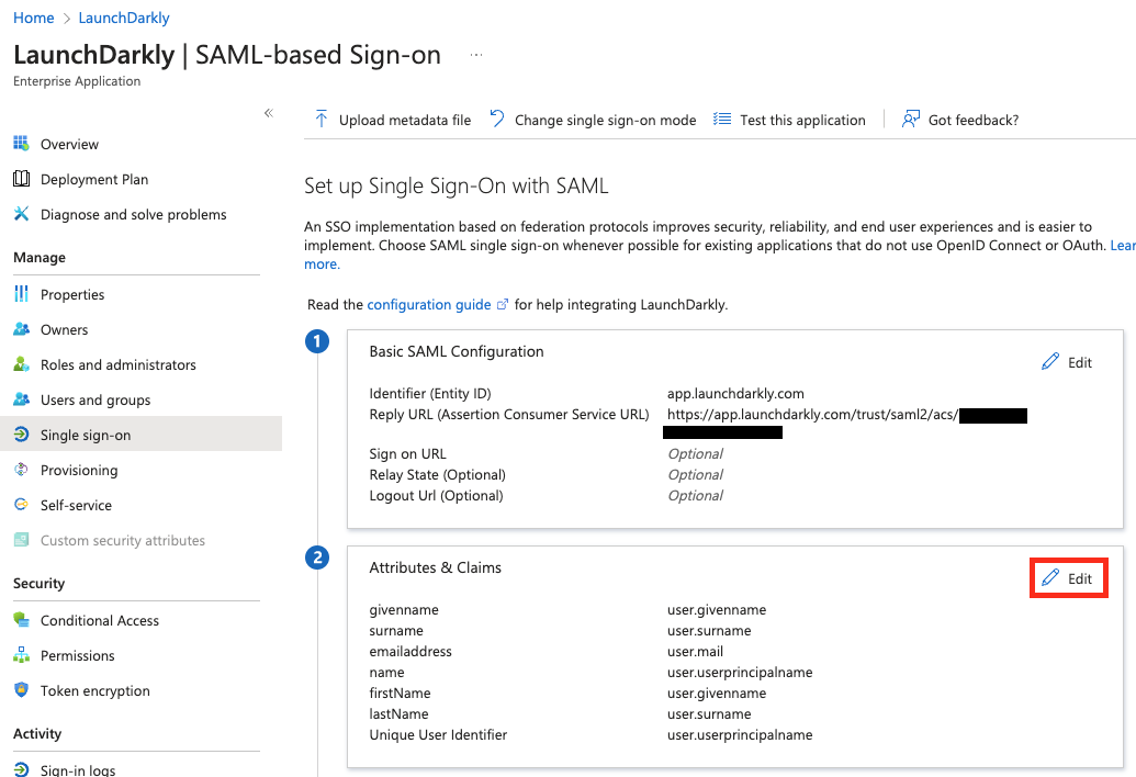 The "Attributes & Claims" section with the "Edit" button called out.