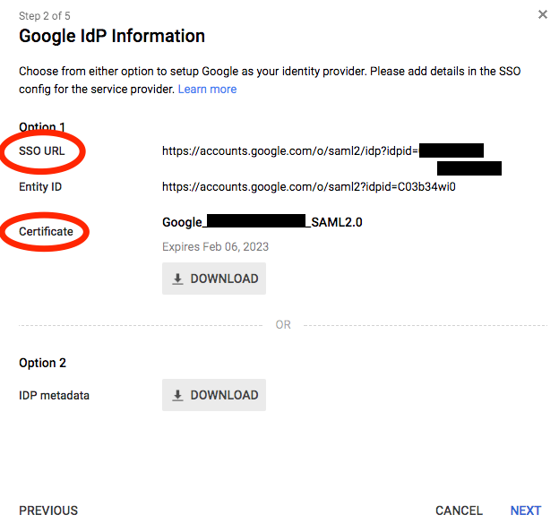The Google IdP information window.
