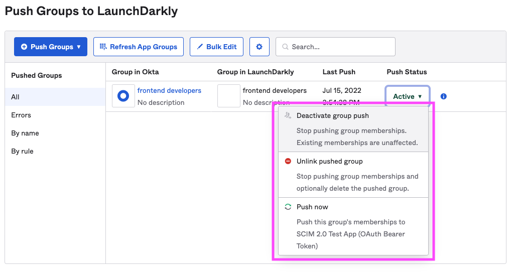 Unlink and deactivate group push in Okta.