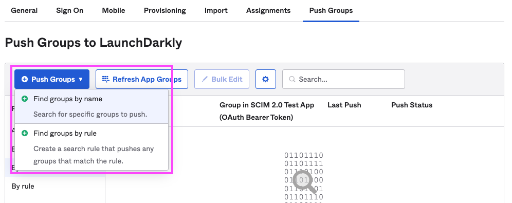 The "Push Groups" tab within the LaunchDarkly Okta application.