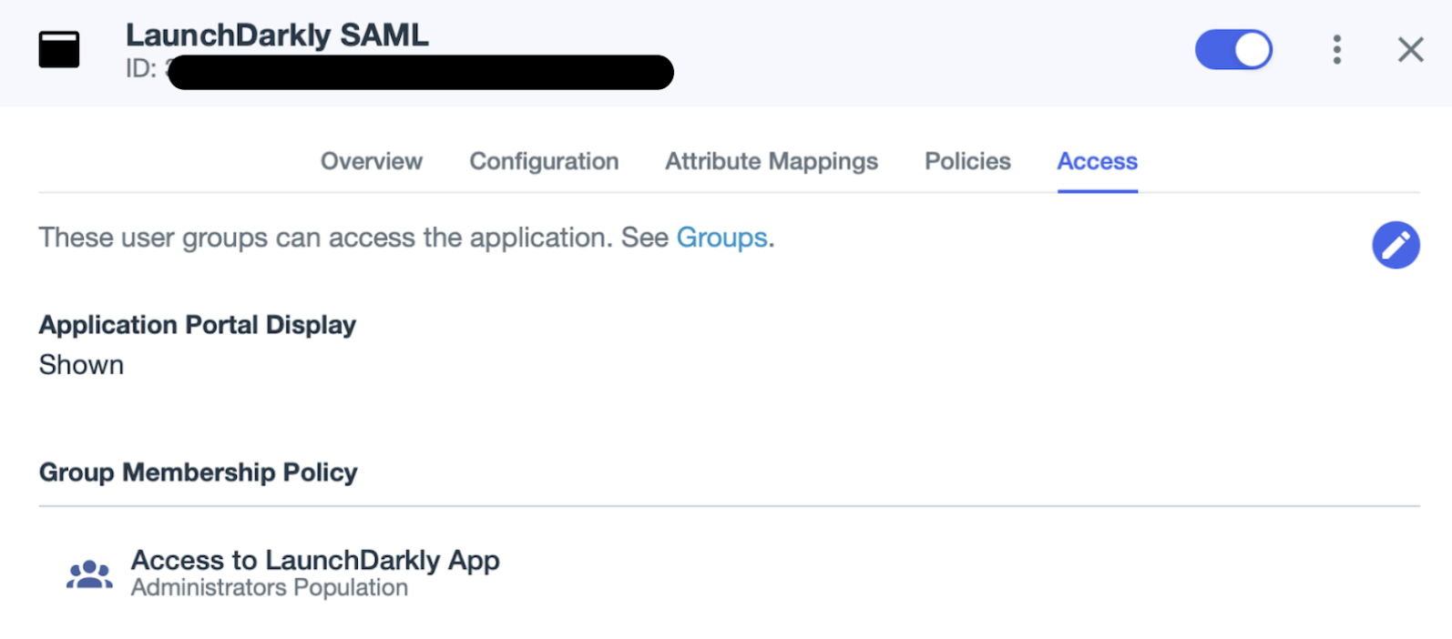 The application "Access" screen in PingIdentity.
