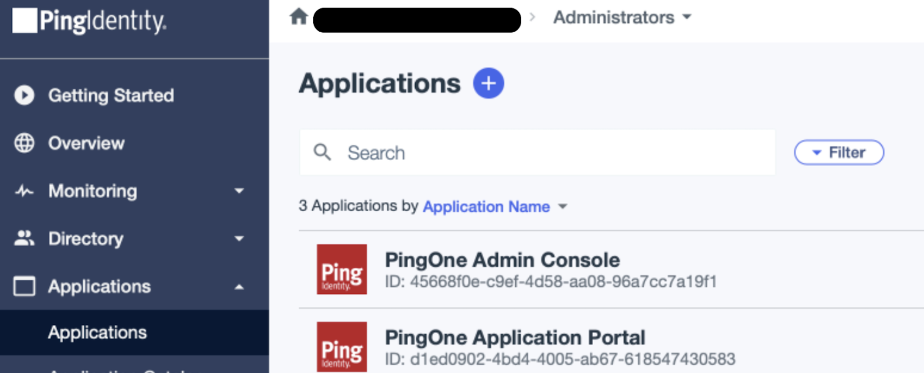 The "Applications" screen in PingIdentity.