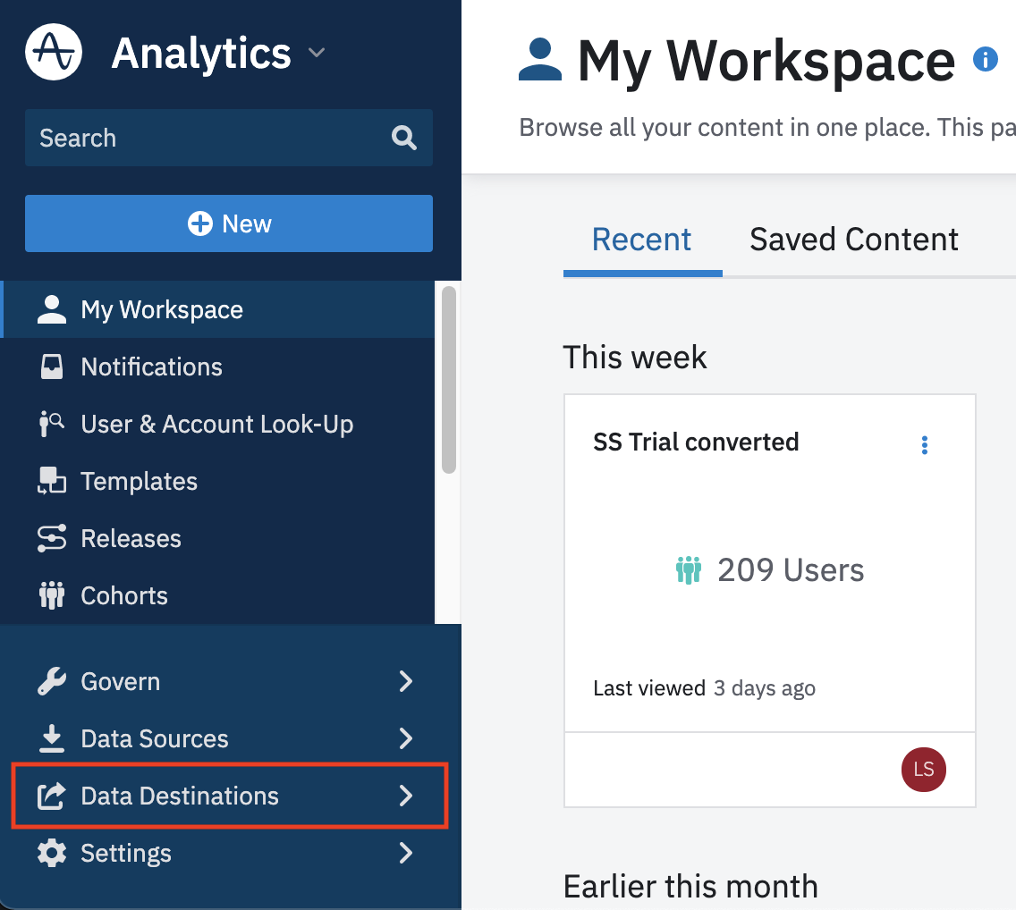 The Amplitude dashboard with the "Data Destinations" button called out.