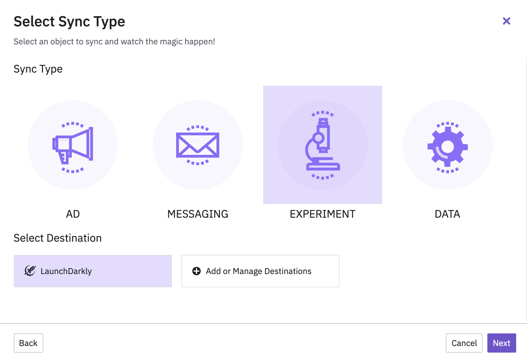 The "Select Sync Type" screen.