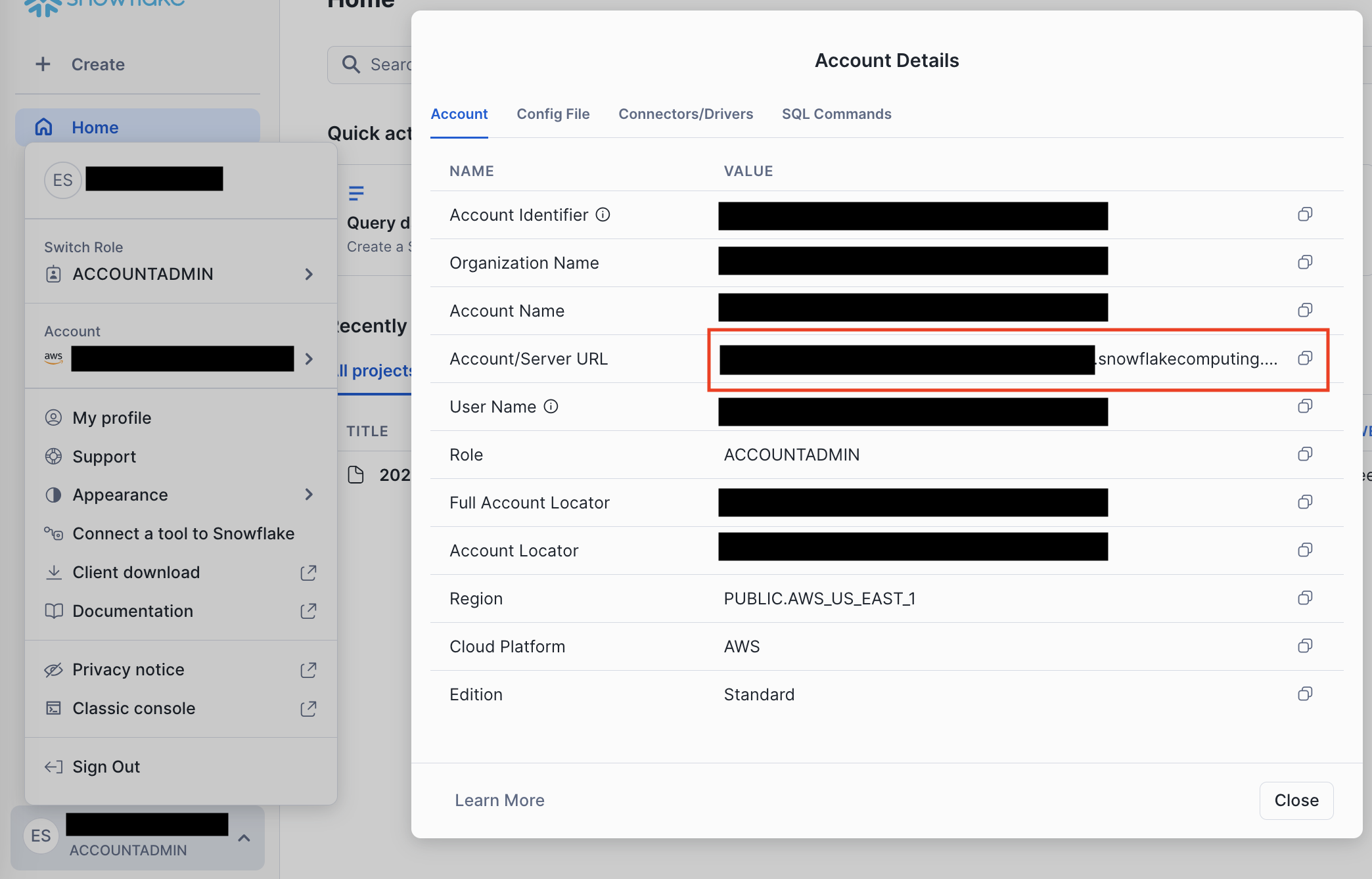 The "Account Details" screen in Snowflake.