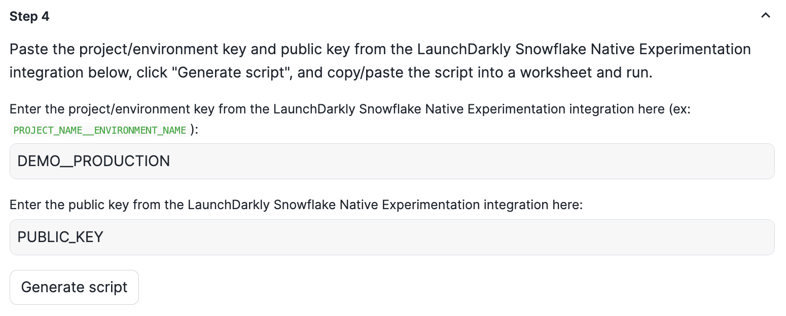 Step 4 in the Warehouse Native Experimentation App setup process within Snowflake.