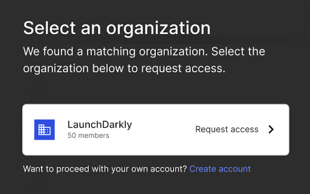 The "Select an organization" screen with domain matched accounts found.