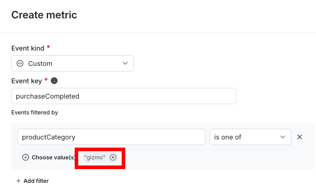 A second metric using the same event key, filtered to include only events where productCategory is gizmo.
