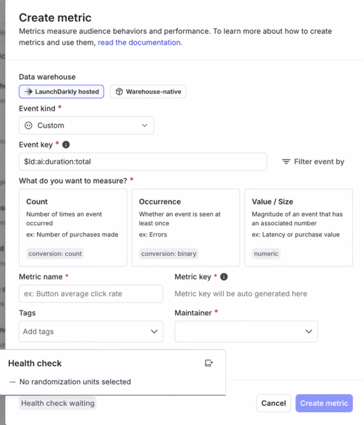 Health check icon on create metric dialog.