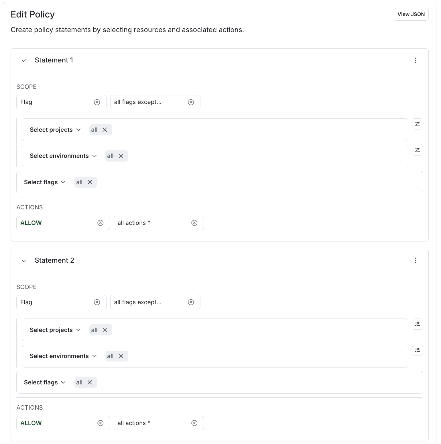 A policy allowing all actions to flags except those tagged "tag1" or "tag2."