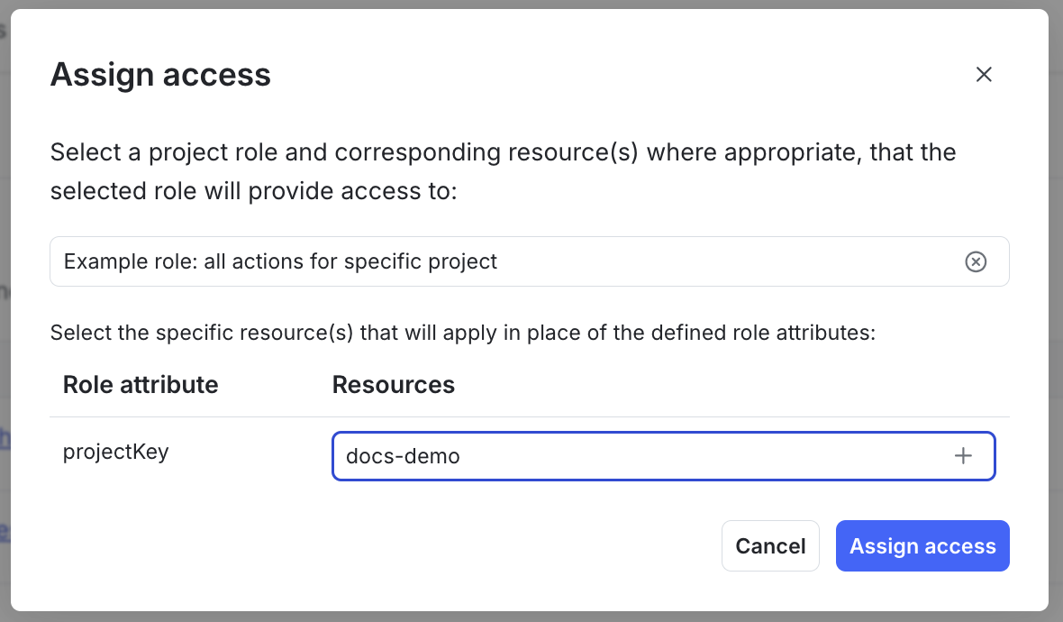 The "Assign access" dialog, assigning "Example role" to this team for the "docs-demo" project.