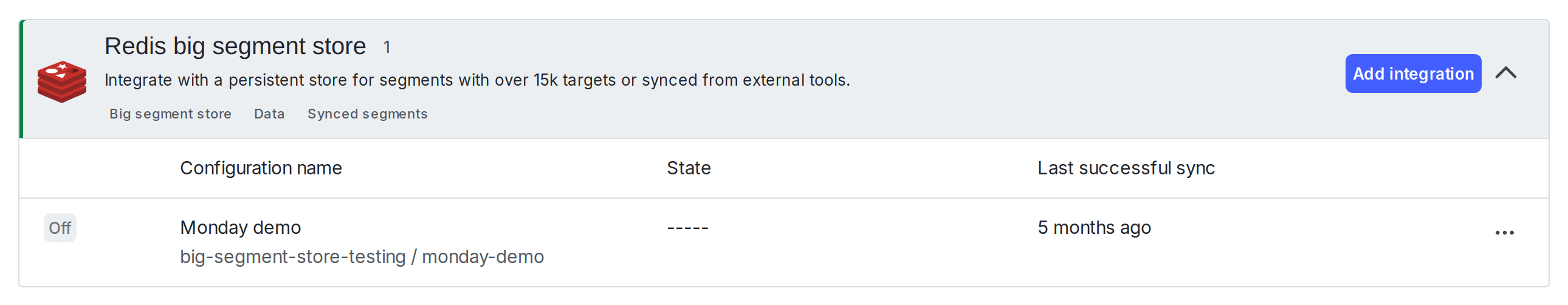 The configuration for a Redis persistent store integration.