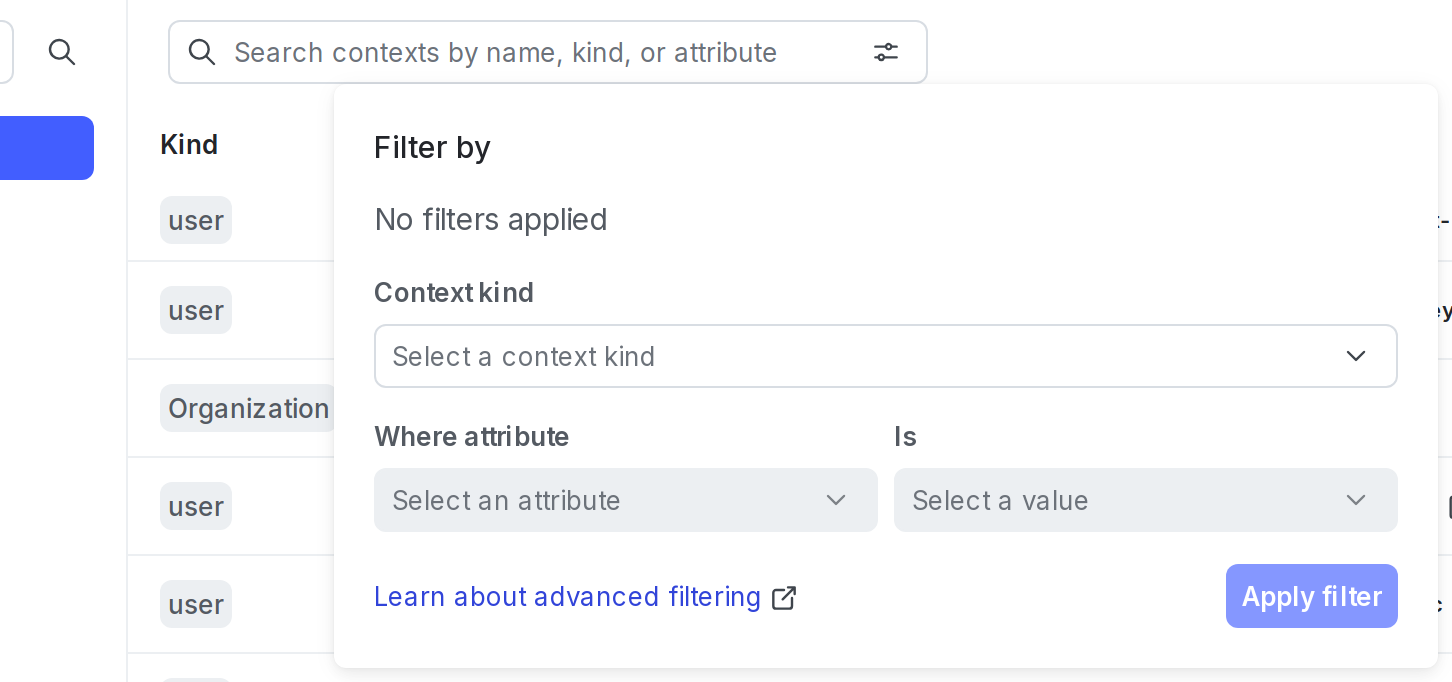 The "Filter by" dialog on the "Contexts" list.