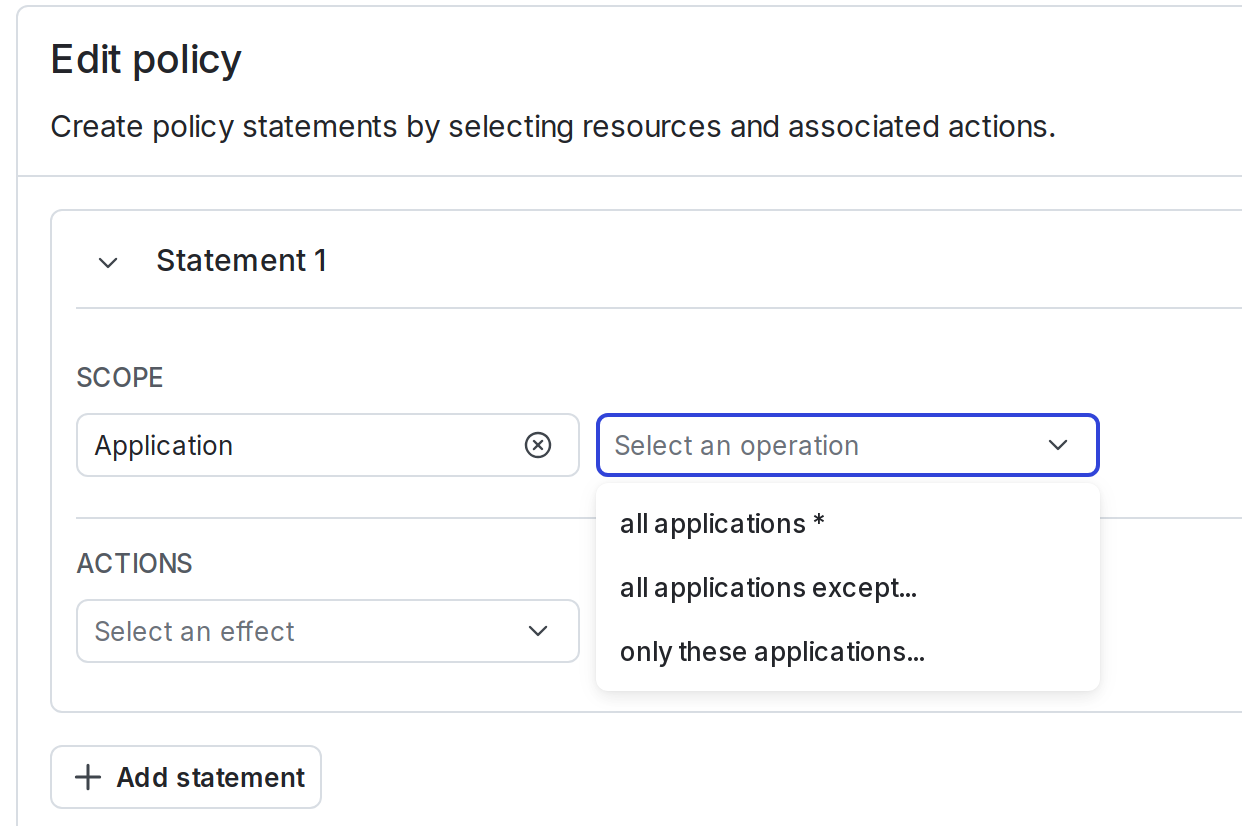 The "Scope" and "Select [resources]" menus when defining a policy scoped to a select set of applications.