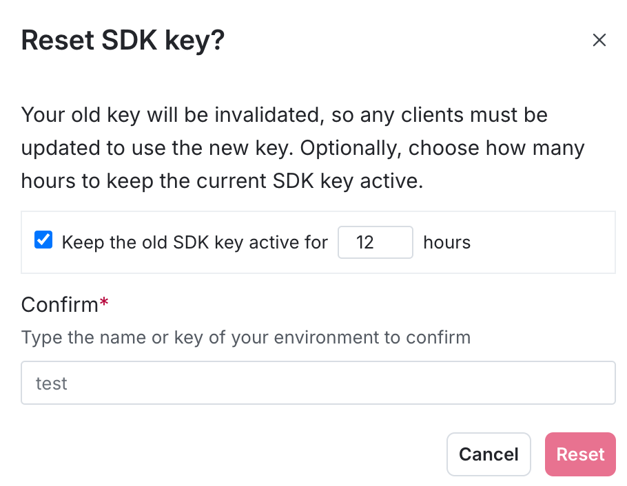 The SDK key reset dialog.