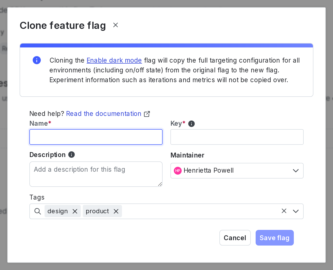The "Clone feature flag" dialog.