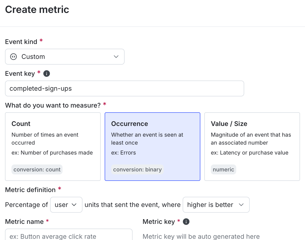 The "Create metric" dialog for a new custom conversion binary metric.