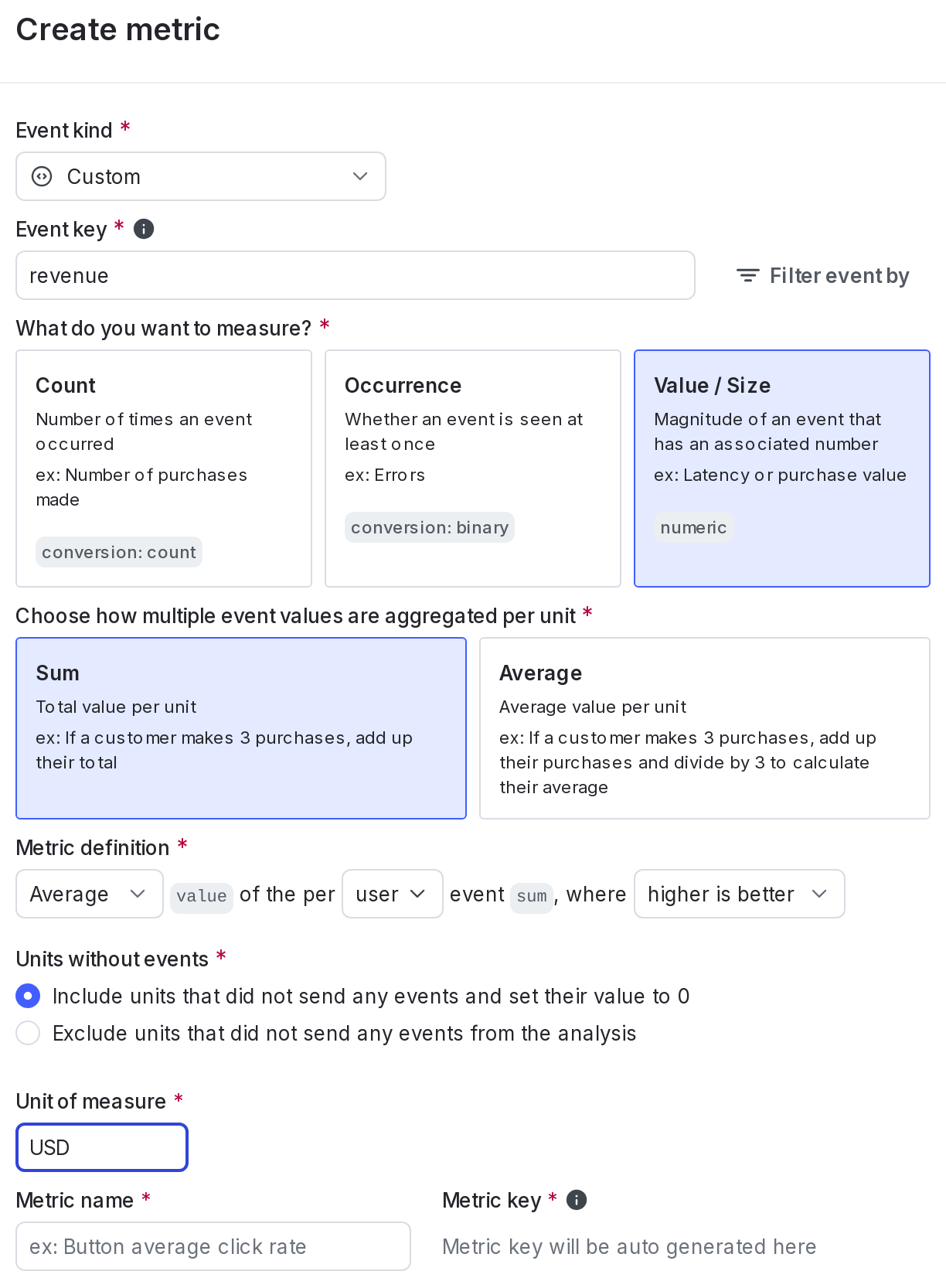 The metric creation dialog.