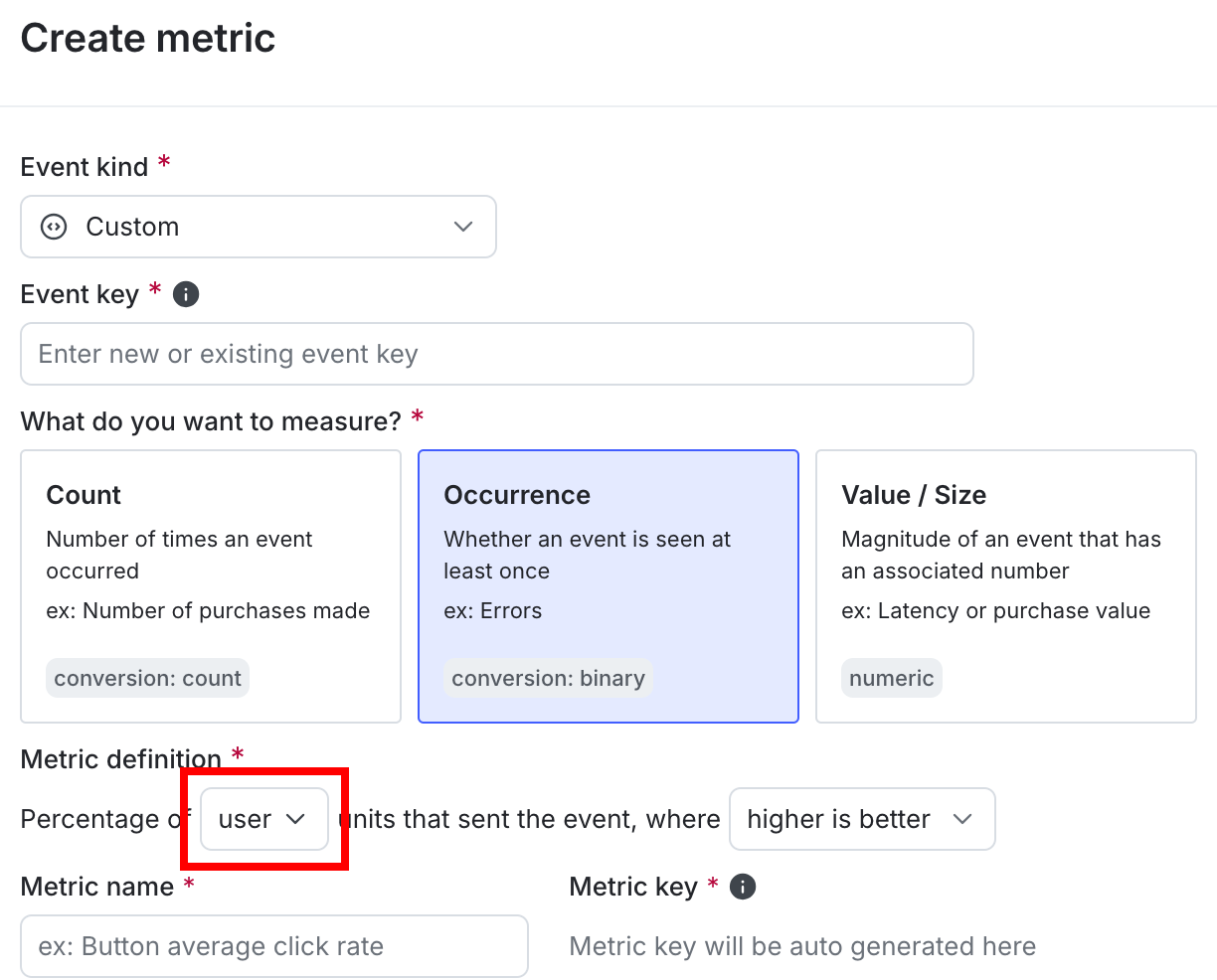 The "Metric definition" section of a new metric with the randomization unit called out.