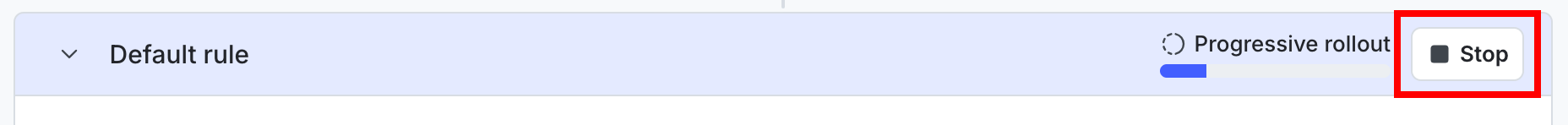 A flag targeting rule with a progressive rollout, with the "Stop" button called out.