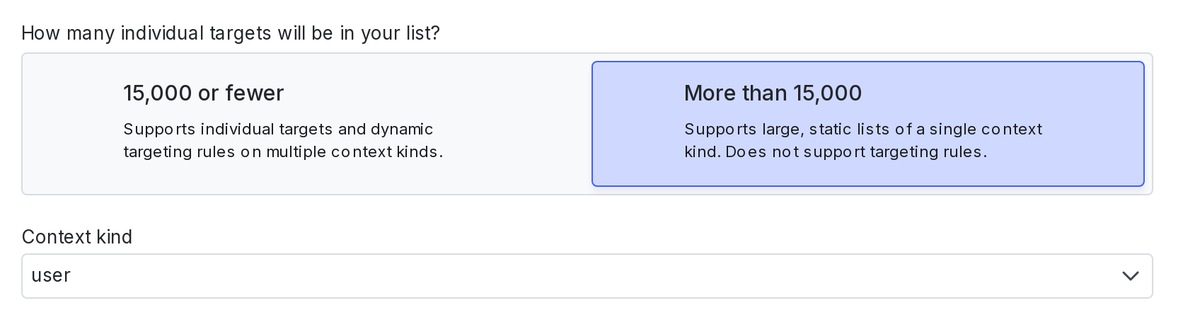 A portion of the "Create a segment" dialog, showing a question about the size of the list-based segment.
