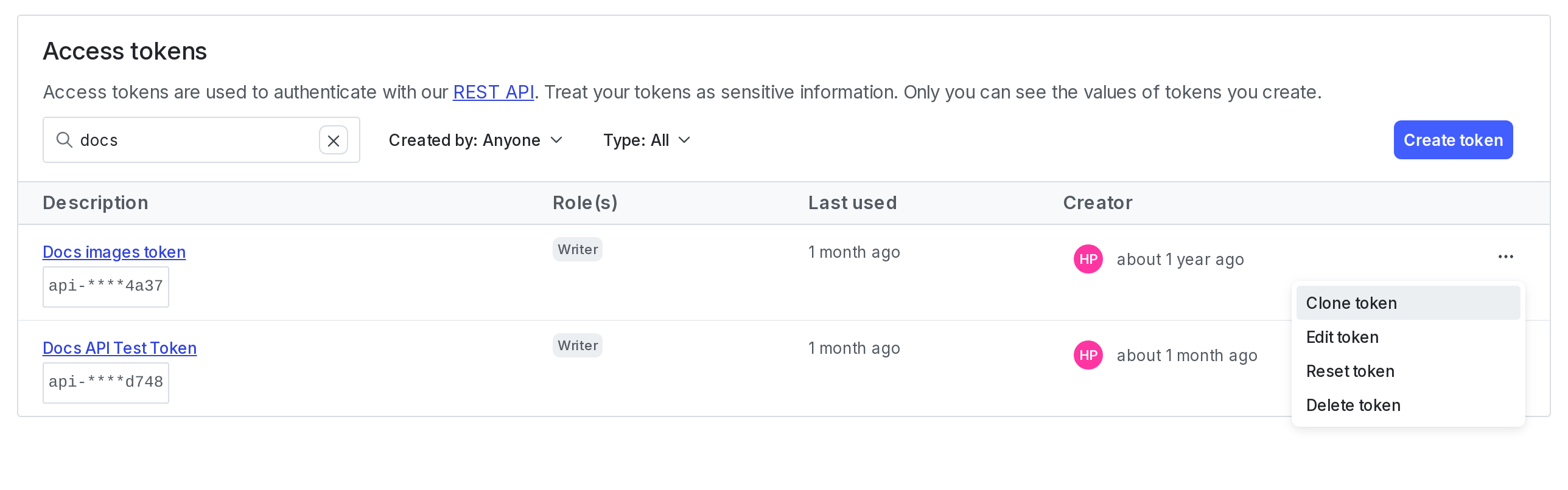 A new access token and its overflow menu, including the "Clone token" and "Delete token" options.