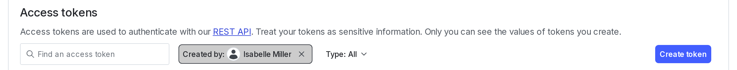 The Access tokens section of the Authorization tab.