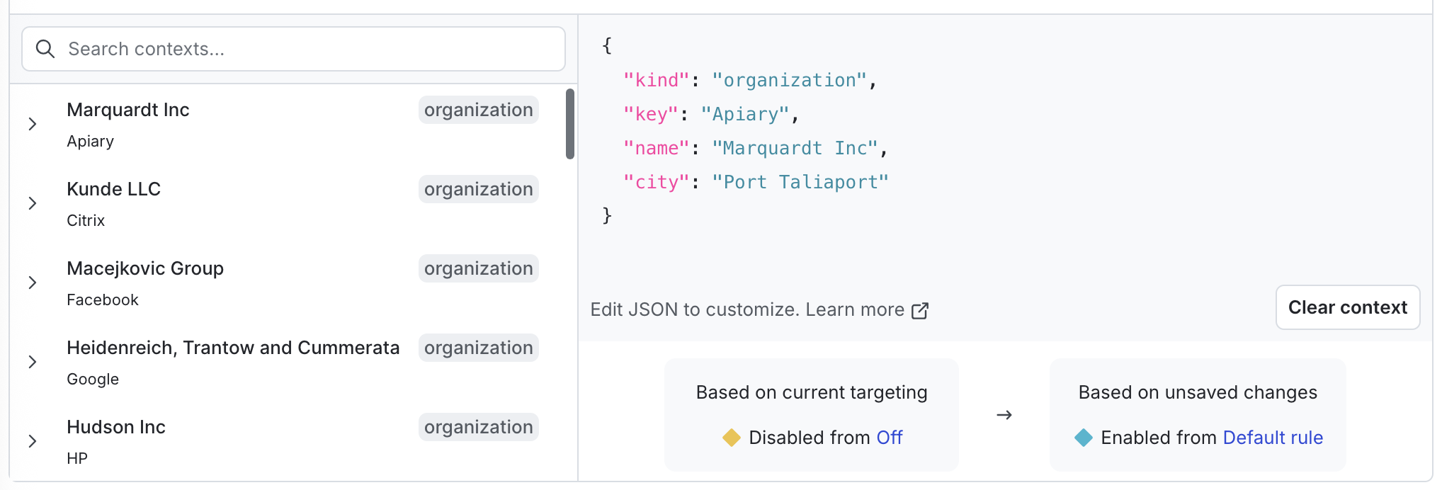 The "Test run a context" section, populated with an example context.